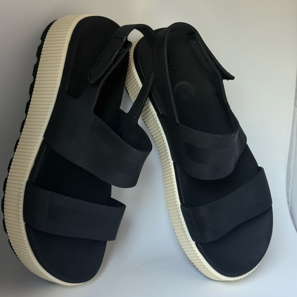 Reef Black Strap Platform Sandals with Cream Sole